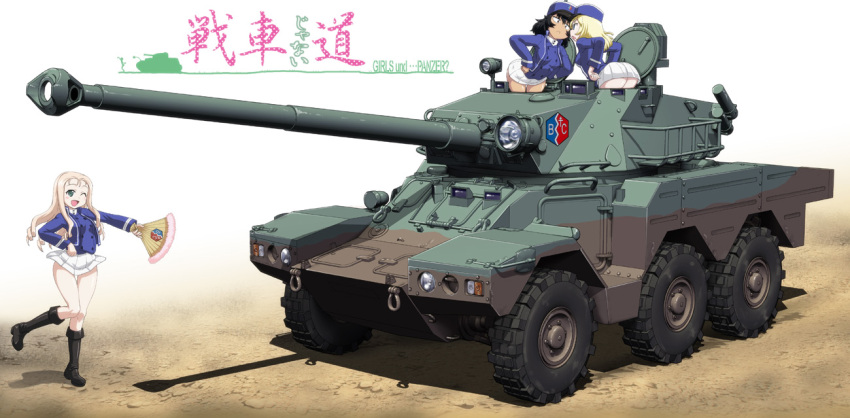 3girls andou_(girls_und_panzer) bangs bc_freedom_(emblem) bc_freedom_military_uniform bent_over black_footwear black_hair blonde_hair blue_eyes blue_headwear blue_jacket blue_vest boots brown_eyes commentary copyright_name dark_skin dress_shirt drill_hair emblem erc-90 fan folding_fan frown girls_und_panzer glaring green_eyes ground_vehicle hand_on_hip hase_yu hat high_collar holding holding_fan jacket knee_boots leaning_forward long_hair long_sleeves looking_at_another looking_at_viewer marie_(girls_und_panzer) medium_hair messy_hair military military_hat military_uniform military_vehicle miniskirt motor_vehicle multiple_girls open_mouth oshida_(girls_und_panzer) pleated_skirt shako_cap shirt skirt smile standing standing_on_one_leg translated uniform vest white_shirt white_skirt