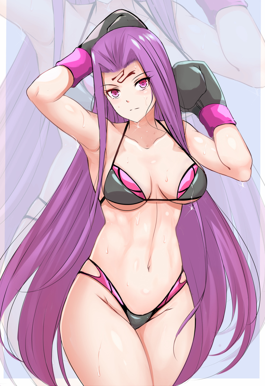 1girl armpits arms_up bikini blush boxing_gloves breasts closed_mouth collarbone commission cowboy_shot fate/grand_order fate_(series) forehead forehead_tattoo grey_bikini groin highres large_breasts long_hair looking_at_viewer medusa_(lancer)_(fate) navel nonoririn pink_eyes purple_hair solo sparkle straight_hair sweat swimsuit tattoo thigh-highs under_boob very_long_hair zoom_layer