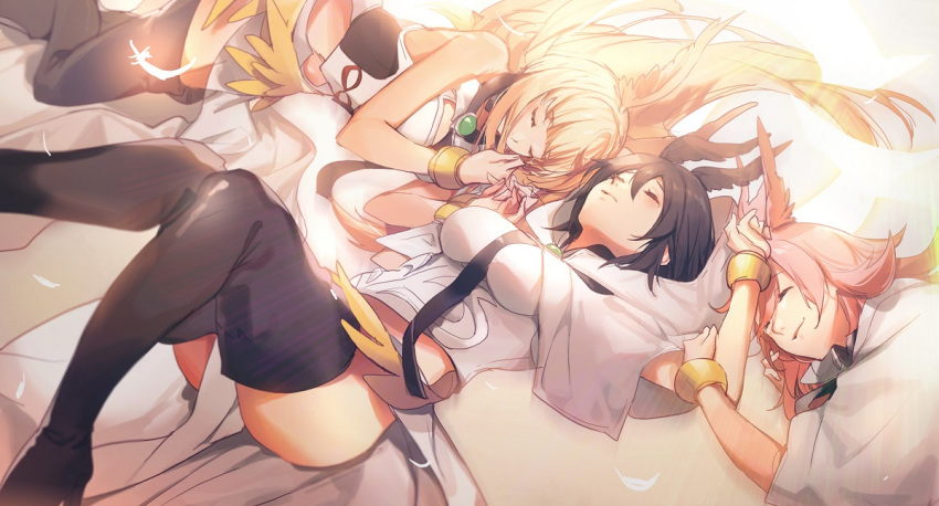 3girls animal_ears bangs bed bed_sheet black_footwear black_hair black_neckwear blonde_hair boots bracelet capelet closed_eyes eyebrows_visible_through_hair fate/grand_order fate_(series) feathers hair_between_eyes high_heel_boots high_heels hildr_(fate/grand_order) jewelry long_hair lying multiple_girls necklace necktie no-kan on_back ortlinde_(fate/grand_order) pelvic_curtain pink_hair shirt short_hair sleeping sleeveless smile thigh-highs thigh_boots thighs thrud_(fate/grand_order) valkyrie_(fate/grand_order) white_capelet white_shirt