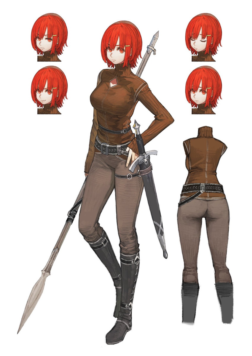 1girl belt boots casual character_sheet commentary_request contrapposto cross-laced_footwear expressions frown full_body grin hair_ornament hairclip hand_on_hip highres holding holding_spear holding_weapon jun_(seojh1029) looking_at_viewer original pants polearm red_eyes redhead sad sheath shirt short_hair smile spear spear_(seojh1029) sword weapon white_background
