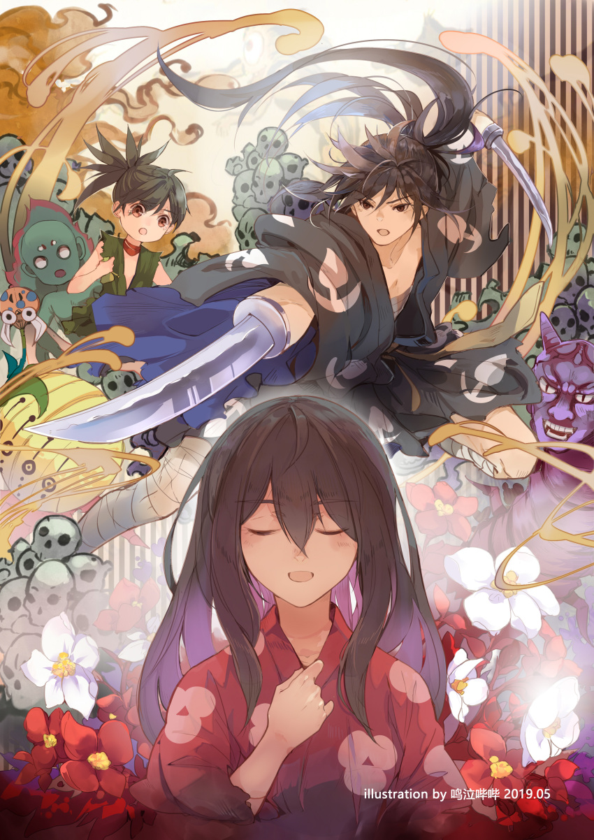 1boy 2girls :o absurdres amputee androgynous artist_name black_hair brown_eyes child closed_eyes dated demon dororo_(character) dororo_(tezuka) dual_wielding flat_chest floral_print flower hair_over_one_eye highres holding hyakkimaru_(dororo) japanese_clothes katana kimono long_hair looking_at_viewer ming_qi_bibi mio_(dororo) multiple_girls music open_mouth pile_of_skulls ponytail prosthesis prosthetic_arm red_flower singing standing sword upper_body very_long_hair weapon white_flower