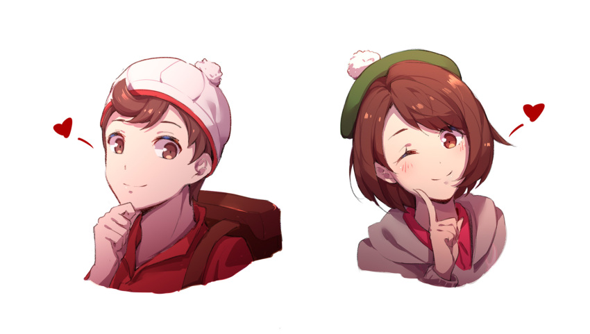1boy 1girl bag blush brown_bag brown_eyes brown_hair commentary_request face female_protagonist_(pokemon_swsh) green_headwear hat heart highres jacket long_sleeves looking_at_viewer male_protagonist_(pokemon_swsh) medium_hair one_eye_closed pokemon red_jacket short_hair simple_background smile white_background white_headwear yumuto_(spring1786)