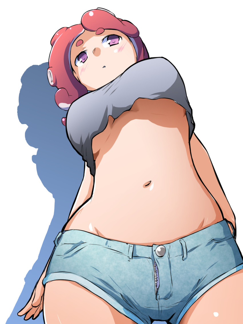 1girl arms_behind_back black_shirt blue_shorts blush breasts closed_mouth commentary cowboy_shot crop_top denim denim_shorts facing_viewer groin highres light_frown medium_hair micro_shorts navel octarian octoling red_eyes redhead shadow shirt shorts solo splatoon_(series) standing suction_cups tentacle_hair toraneko555 under_boob