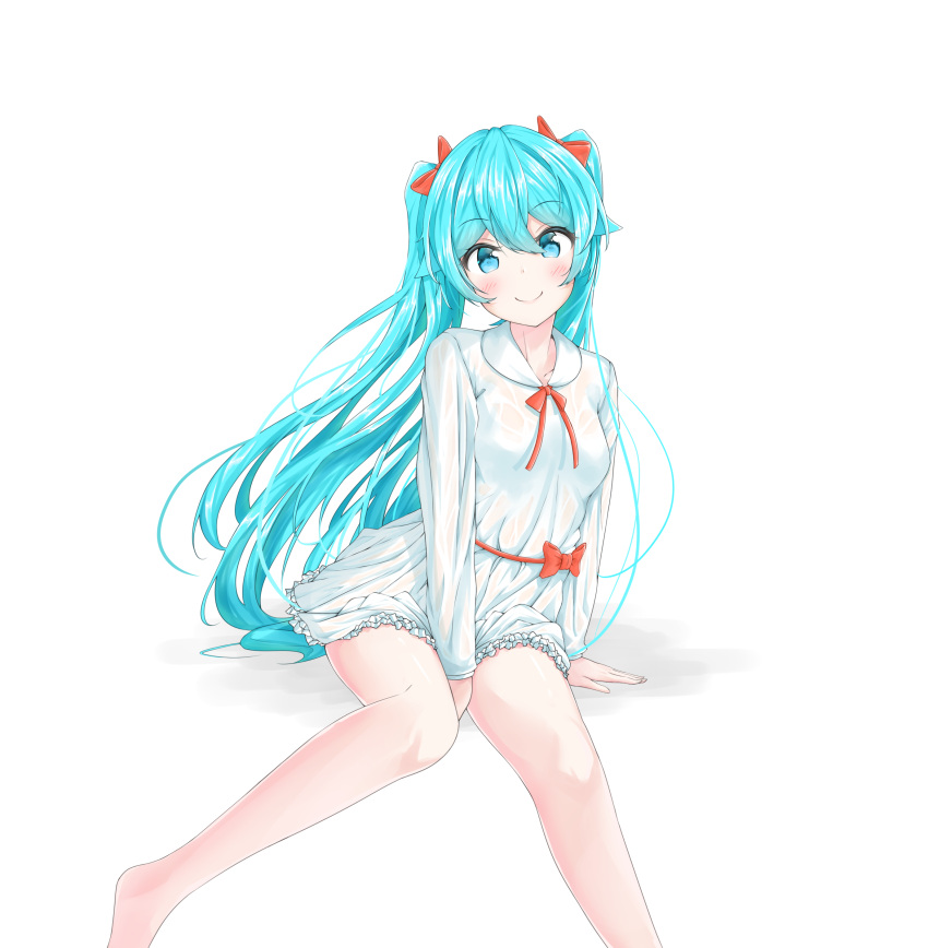 1girl absurdres arm_support between_legs blue_eyes blue_hair blush closed_mouth collarbone dress eyebrows_visible_through_hair floating_hair hair_between_eyes hand_between_legs hatsune_miku highres long_hair long_sleeves looking_at_viewer mikoo_o39 red_ribbon ribbon shiny shiny_hair short_dress smile solo very_long_hair vocaloid white_dress