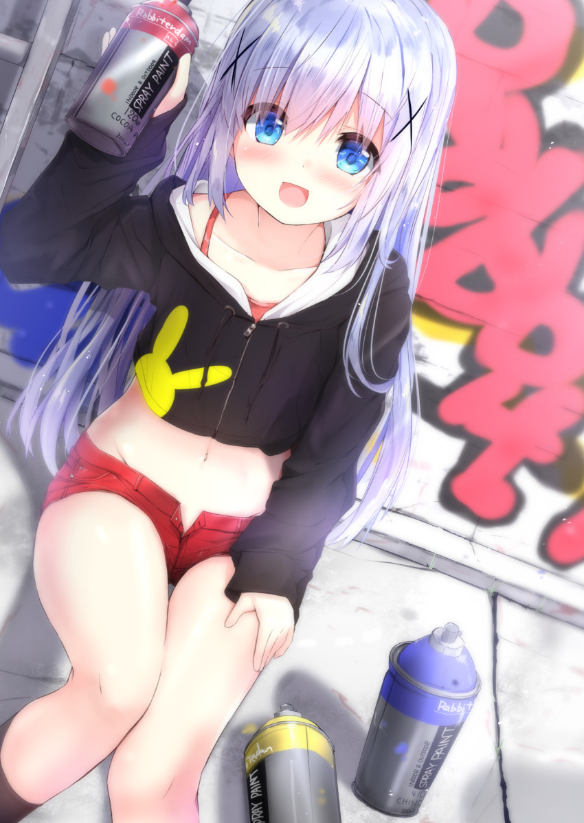 1girl :d arm_up black_jacket black_legwear blue_eyes blue_hair blush camisole commentary_request cropped_jacket day drawstring dutch_angle gochuumon_wa_usagi_desu_ka? graffiti groin hair_ornament highres holding hood hood_down hooded_jacket jacket kafuu_chino kneehighs kouda_suzu long_hair long_sleeves looking_at_viewer midriff navel open_clothes open_fly open_mouth open_shorts outdoors red_camisole red_shorts short_shorts shorts sitting sleeves_past_wrists smile solo spray_can very_long_hair x_hair_ornament