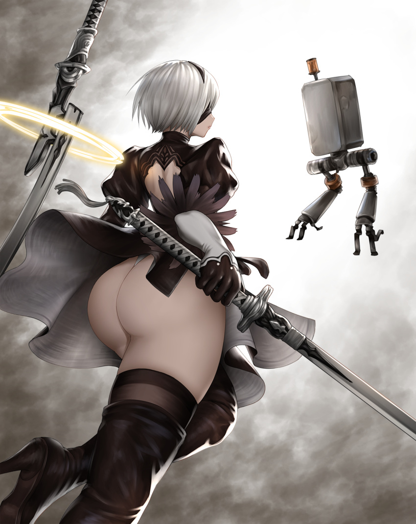 1girl ass bangs black_dress black_footwear black_gloves black_legwear blindfold boots closed_mouth commentary_request dress feather_trim from_behind gloves hairband high_heel_boots high_heels highres holding holding_sword holding_weapon lips long_sleeves nier_(series) nier_automata nyatokanyaru pod_(nier_automata) puffy_sleeves robot short_dress short_hair simple_background solo sword thigh-highs thigh_boots thighs weapon weapon_on_back white_hair yorha_no._2_type_b