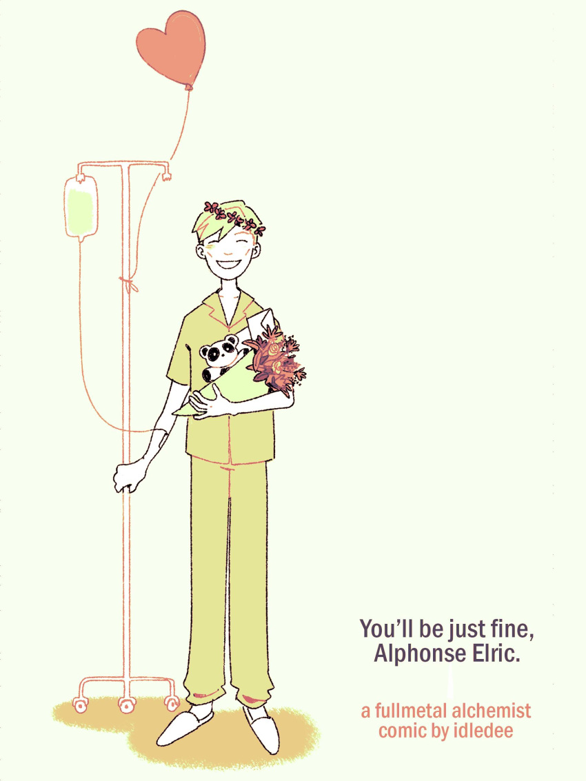 1boy ^_^ absurdres alphonse_elric artist_name balloon beige_background blonde_hair bouquet closed_eyes commentary copyright_name cover cover_page doujin_cover english_commentary english_text flower full_body fullmetal_alchemist happy head_wreath heart_balloon highres holding holding_bouquet hospital_gown idledee intravenous_drip letter male_focus red_flower rose simple_background skinny slippers smile standing stuffed_animal stuffed_panda stuffed_toy teeth text_focus toy white_flower white_rose