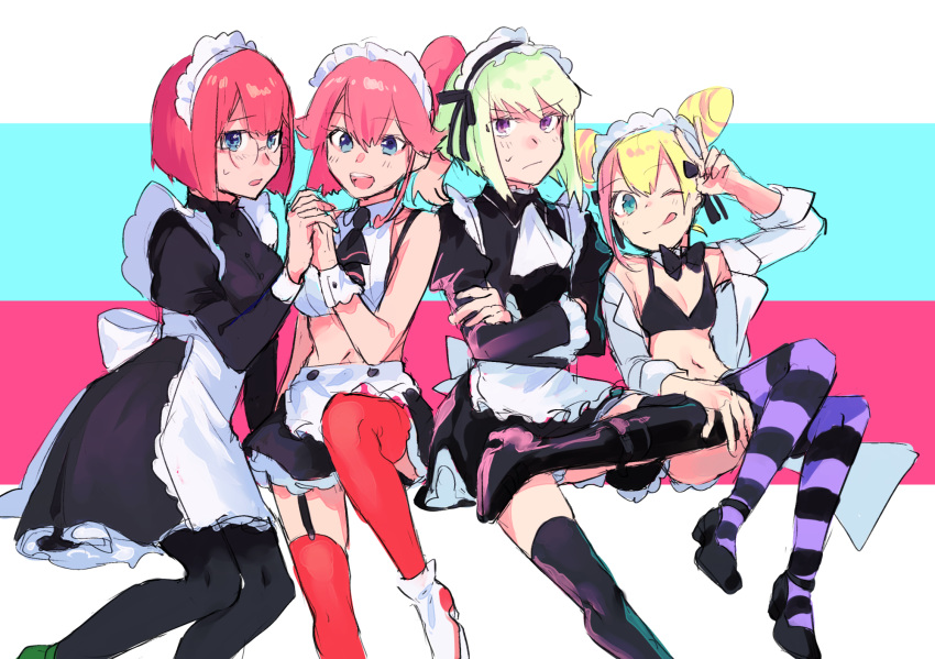 1boy 3girls aina_ardebit alternate_costume apron black_legwear blue_eyes enmaided frilled_apron frills glasses heris_ardebit highres holding_hands lio_fotia lucia_fex maid maid_apron maid_headdress midriff moegi0926 multiple_girls pantyhose promare red_legwear striped striped_legwear thigh-highs violet_eyes waist_apron white_apron