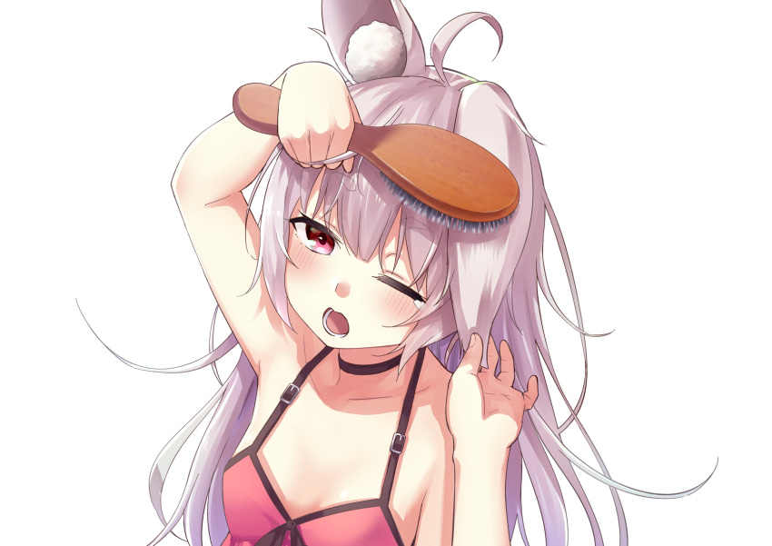 1girl absurdres ahoge animal_ear_fluff animal_ears armpits arms_up blush breasts brushing camisole choker ear_pull hair_brush hair_brushing highres kouzukikouichi long_hair messy_hair one_eye_closed open_mouth pink_hair pulled_by_self rabbit_ears red_camisole red_eyes simple_background sleepy small_breasts solo tears tomari_mari tomari_mari_channel upper_body virtual_youtuber white_background yawning