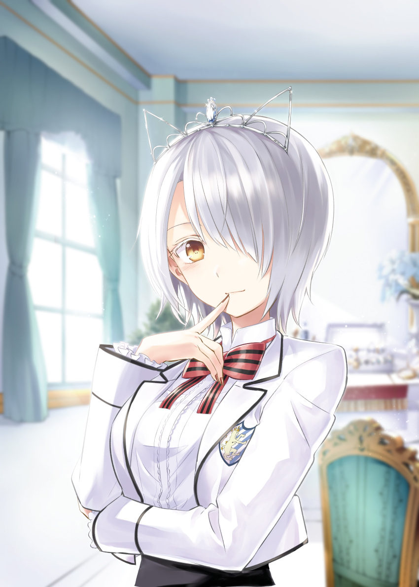 1girl absurdres blush breasts brown_eyes brown_nails chartreux_westia closed_mouth eyebrows finger_to_mouth grey_hair hair_over_one_eye highres index_finger_raised kishuku_gakkou_no_juliet large_breasts long_sleeves looking_at_viewer natsupa official_art short_hair smile solo upper_body