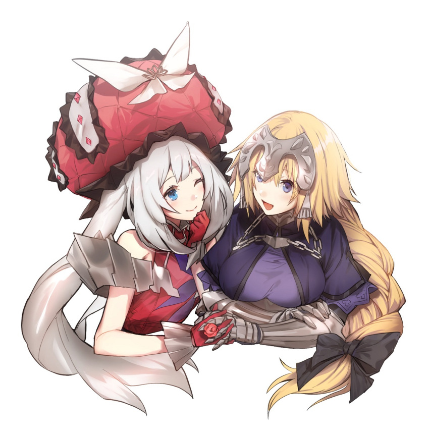 2girls :d ;) armor bare_arms bare_shoulders black_ribbon blonde_hair blue_eyes bow capelet chain eye_contact fate/apocrypha fate/grand_order fate_(series) frilled_hat frills gauntlets gloves hair_ribbon hand_on_own_chin hat hat_bow headpiece highres holding_hands interlocked_fingers jeanne_d'arc_(fate) jeanne_d'arc_(fate)_(all) large_hat long_hair looking_at_another marie_antoinette_(fate/grand_order) multiple_girls no-kan one_eye_closed open_mouth red_gloves red_headwear ribbon silver_hair simple_background sleeveless smile twintails upper_body violet_eyes white_background white_bow yuri