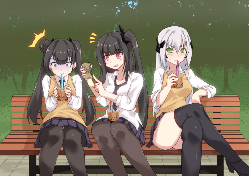 3girls architect_(girls_frontline) bench black_hair bubble_tea cellphone commentary_request crossed_legs cup disposable_cup drinking drinking_straw forest gager_(girls_frontline) girls_frontline green_eyes hair_ornament long_hair multiple_girls nature necktie orange_eyes ouroboros_(girls_frontline) park park_bench phone pink_eyes sangue_llia sangvis_ferri school_uniform side_ponytail skirt thigh-highs thighs tree twintails vest white_hair