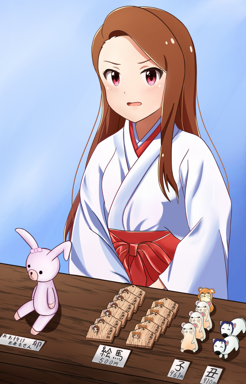 1girl blue_background blush brown_hair hakama highres idolmaster idolmaster_(classic) japanese_clothes kimono long_hair long_sleeves miko minase_iori open_mouth red_eyes red_hakama runmo77 solo standing stuffed_animal stuffed_toy upper_body very_long_hair white_kimono