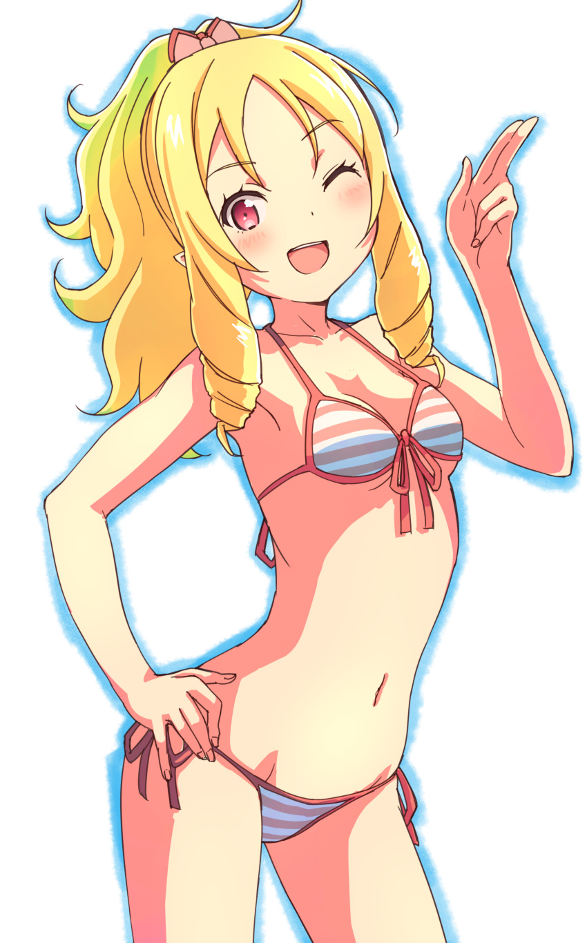 1girl ;d absurdres bangs bare_arms bare_shoulders bikini blonde_hair blush bow braid breasts collarbone contrapposto eromanga_sensei eyebrows_visible_through_hair fingernails front-tie_bikini front-tie_top groin hair_bow hand_on_hip hand_up high_ponytail highres long_hair navel nyama one_eye_closed open_mouth pink_bow ponytail red_eyes side-tie_bikini sidelocks small_breasts smile solo striped striped_bikini swimsuit twin_braids upper_teeth white_background yamada_elf