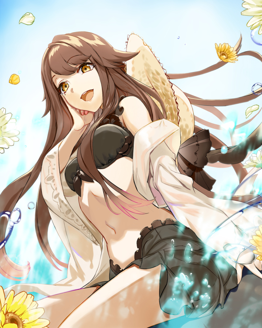 1girl :d bangs black_bikini_top black_skirt brown_hair day ddaomphyo dutch_angle eyebrows_visible_through_hair floating_hair flower forever_7th_capital frilled_skirt frills hair_between_eyes hand_on_own_cheek hat hat_on_back highres long_hair miniskirt open_mouth outdoors petals pleated_skirt shiny shiny_hair skirt smile solo straw_hat sun_hat swept_bangs very_long_hair yellow_eyes yellow_flower