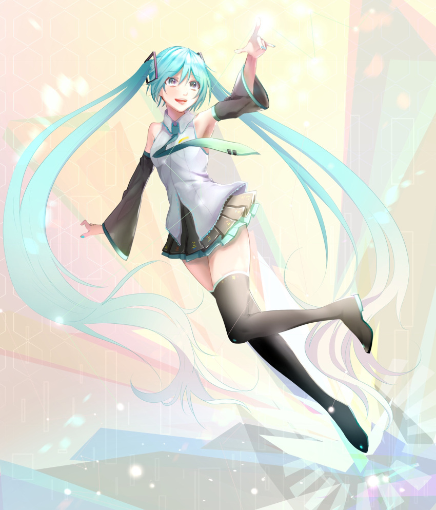 1girl armpits black_footwear black_skirt black_sleeves blue_eyes blue_hair blue_nails blue_neckwear boots collared_shirt detached_sleeves dress_shirt eyebrows_visible_through_hair floating_hair full_body hair_between_eyes hair_ornament hatsune_miku highres index_finger_raised long_hair long_sleeves miniskirt nail_polish necktie nekosakana pleated_skirt shirt skirt sleeveless sleeveless_shirt solo thigh-highs thigh_boots twintails very_long_hair vocaloid white_background white_shirt wing_collar zettai_ryouiki