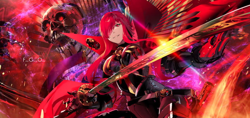 1girl aguy bangs black_bodysuit bodysuit cape commentary_request copyright_name eyebrows_visible_through_hair fate/grand_order fate_(series) gloves glowing glowing_eyes hair_over_one_eye holding holding_sword holding_weapon long_hair long_sleeves oda_nobunaga_(fate) oda_nobunaga_(maou_avenger)_(fate) parted_lips red_cape red_eyes red_gloves redhead skull smile solo sword very_long_hair weapon