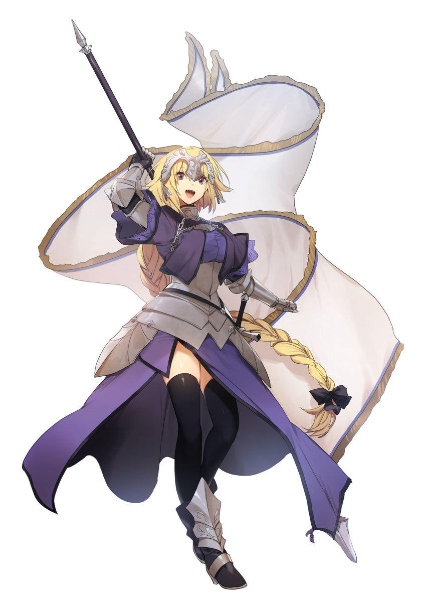 1girl :d arm_up armor armored_boots armored_dress black_footwear black_legwear black_ribbon blonde_hair boots braid capelet chain dress fate/apocrypha fate/grand_order fate_(series) faulds flag full_body gauntlets hair_ribbon headpiece highres holding holding_flag jeanne_d'arc_(fate) jeanne_d'arc_(fate)_(all) long_braid long_hair no-kan open_mouth outstretched_arm plackart purple_dress ribbon sheath sheathed side_slit simple_background smile solo standing sword thigh-highs violet_eyes weapon white_background zettai_ryouiki