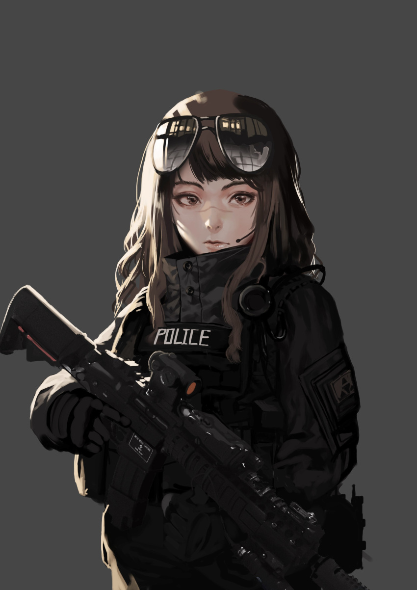 absurdres aviator_sunglasses brown_eyes brown_hair commentary facial_scar flak_jacket gun headset high_collar highres ihobus looking_at_viewer medium_hair nose_scar optical_sight original police reflection rifle scar simple_background sunglasses trigger_discipline weapon