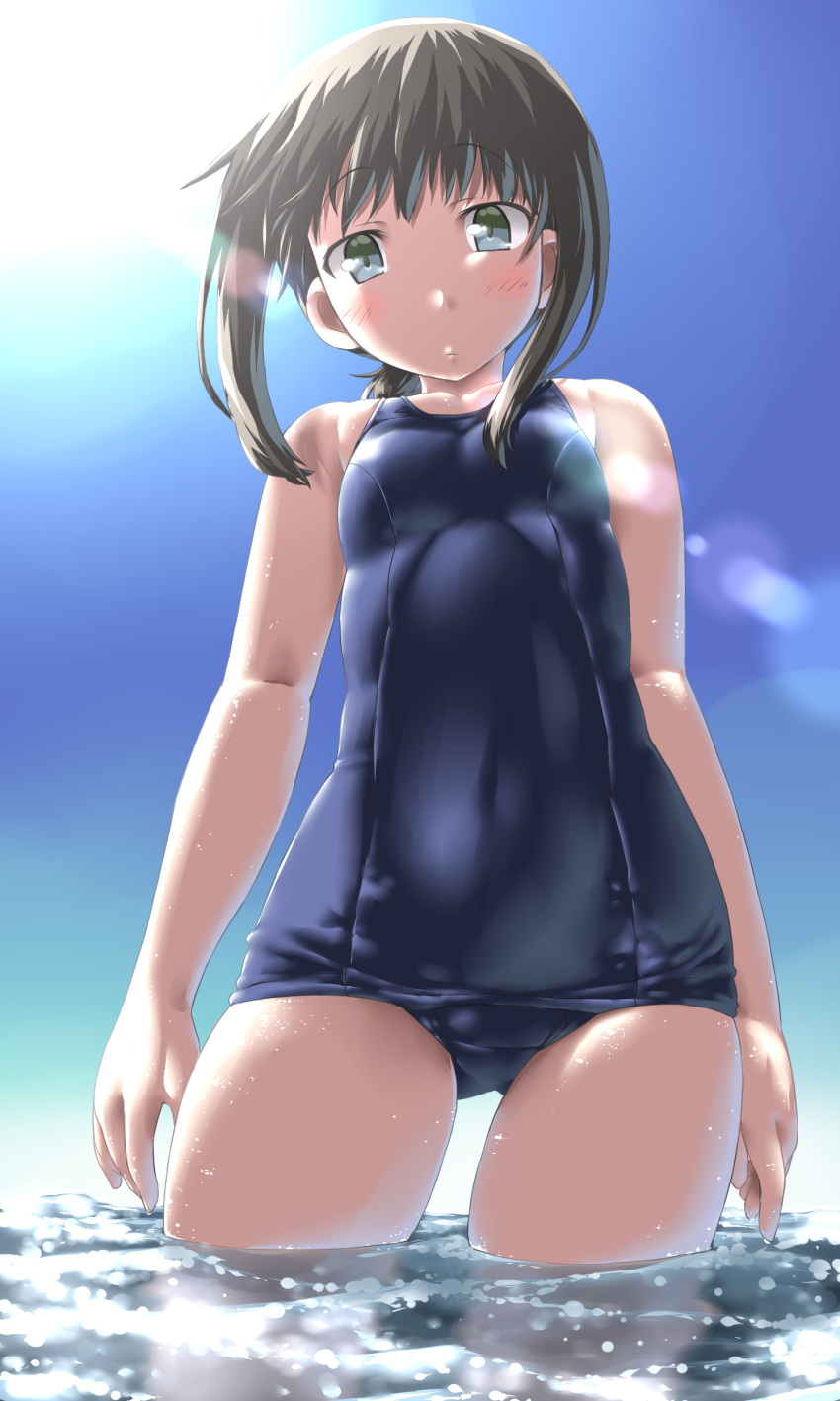 1girl absurdres ass_visible_through_thighs bare_arms black_eyes black_hair blue_swimsuit blush breasts collarbone commentary covered_navel day dd_(ijigendd) fubuki_(kantai_collection) highres kantai_collection looking_at_viewer low_ponytail old_school_swimsuit one-piece_swimsuit ponytail school_swimsuit school_swimsuit_flap short_ponytail sidelocks small_breasts solo swimsuit