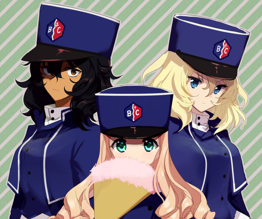 3girls andou_(girls_und_panzer) animalia bangs bc_freedom_(emblem) bc_freedom_military_uniform black_hair blonde_hair blue_eyes blue_headwear blue_jacket blue_vest brown_eyes covering_mouth dark_skin drill_hair emblem eyebrows_visible_through_hair fan girls_und_panzer green_background green_eyes hat high_collar highres jacket long_hair long_sleeves looking_at_viewer marie_(girls_und_panzer) medium_hair multiple_girls oshida_(girls_und_panzer) shako_cap standing standing_on_one_leg striped striped_background vest