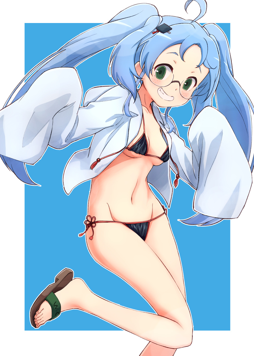 1girl absurdres ahoge bikini black_bikini blue_background blue_hair blue_jacket blush breasts brown_footwear collarbone glasses green_eyes grin groin hair_ornament hairclip hands_up highres hiraga_gennai_(sengoku_collection) hood hood_down hooded_jacket jacket long_hair long_sleeves medium_breasts nyama open_clothes open_jacket outline sandals sengoku_collection sleeves_past_fingers sleeves_past_wrists smile solo standing standing_on_one_leg swimsuit twintails two-tone_background very_long_hair white_background white_outline