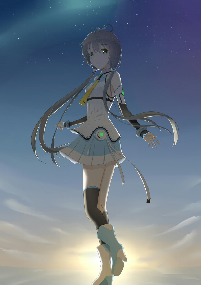 1girl asymmetrical_legwear bare_shoulders birthday black_hair blue_sky boots bow chinese_commentary commentary dawn detached_sleeves full_body green_eyes hair_bow hair_rings highres leg_up looking_at_viewer looking_to_the_side luo_tianyi necktie parted_lips rei_san39 short_hair_with_long_locks sidelocks skirt sky solo standing star_(sky) starry_sky sunrise thigh-highs vocaloid vocanese