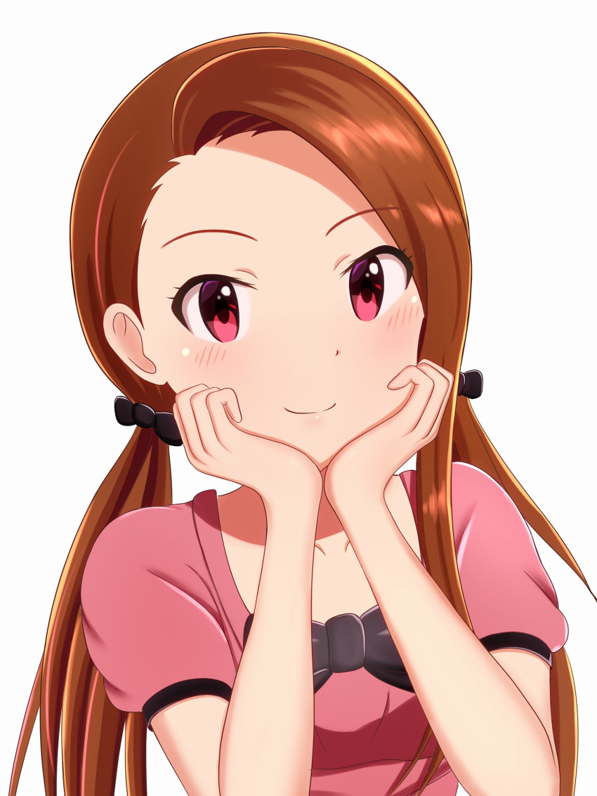 1girl black_bow black_neckwear blush bow brown_hair closed_mouth collarbone hair_bow highres idolmaster idolmaster_(classic) long_hair looking_at_viewer low_twintails minase_iori pink_shirt red_eyes runmo77 shiny shiny_hair shirt short_sleeves simple_background smile solo twintails upper_body very_long_hair white_background