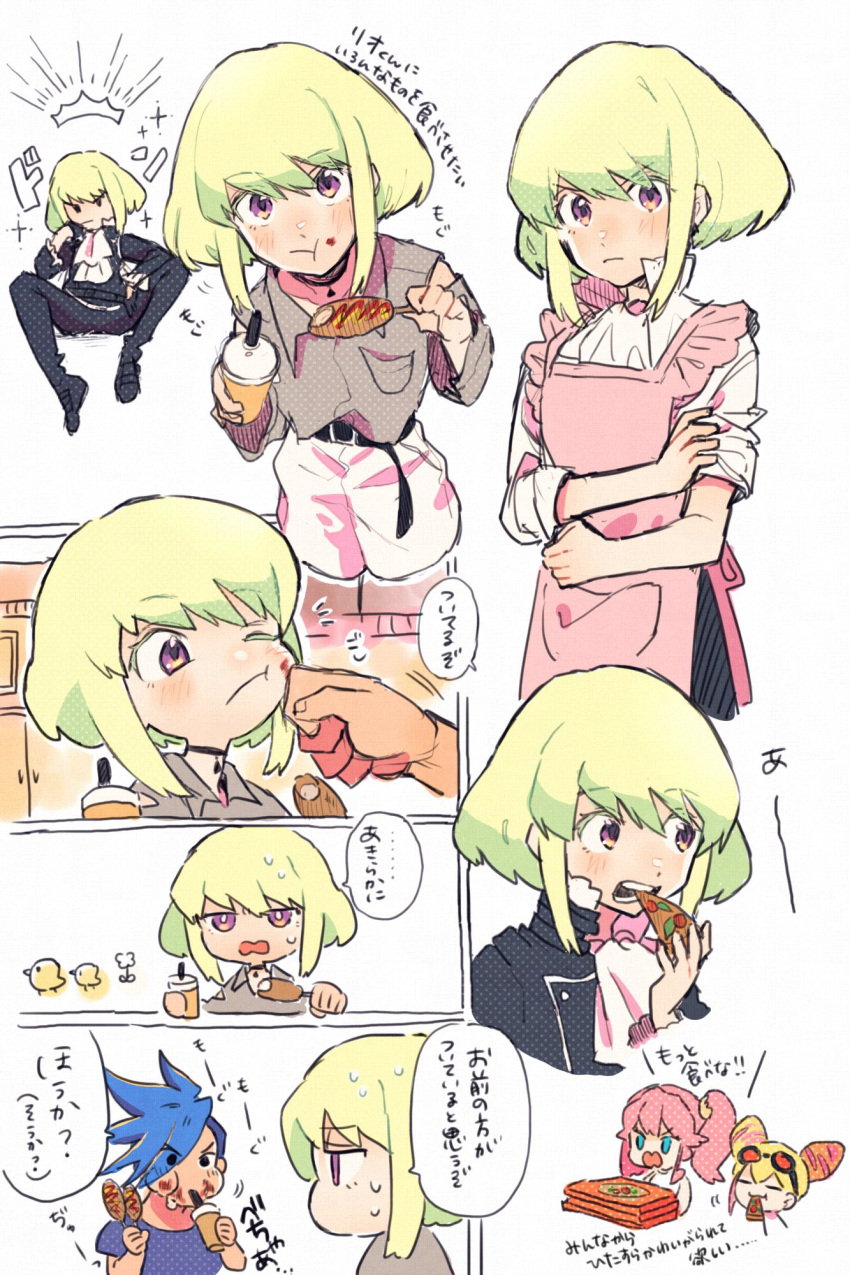 aina_ardebit apron belt black_gloves black_jacket blonde_hair blue_hair casual choker corndog cravat cup earrings eating food galo_thymos gloves green_hair highres jacket jewelry lio_fotia looking_up lucia_fex mm_y19 open_mouth pizza promare shirt sleeves_rolled_up smile spiky_hair violet_eyes wiping_mouth