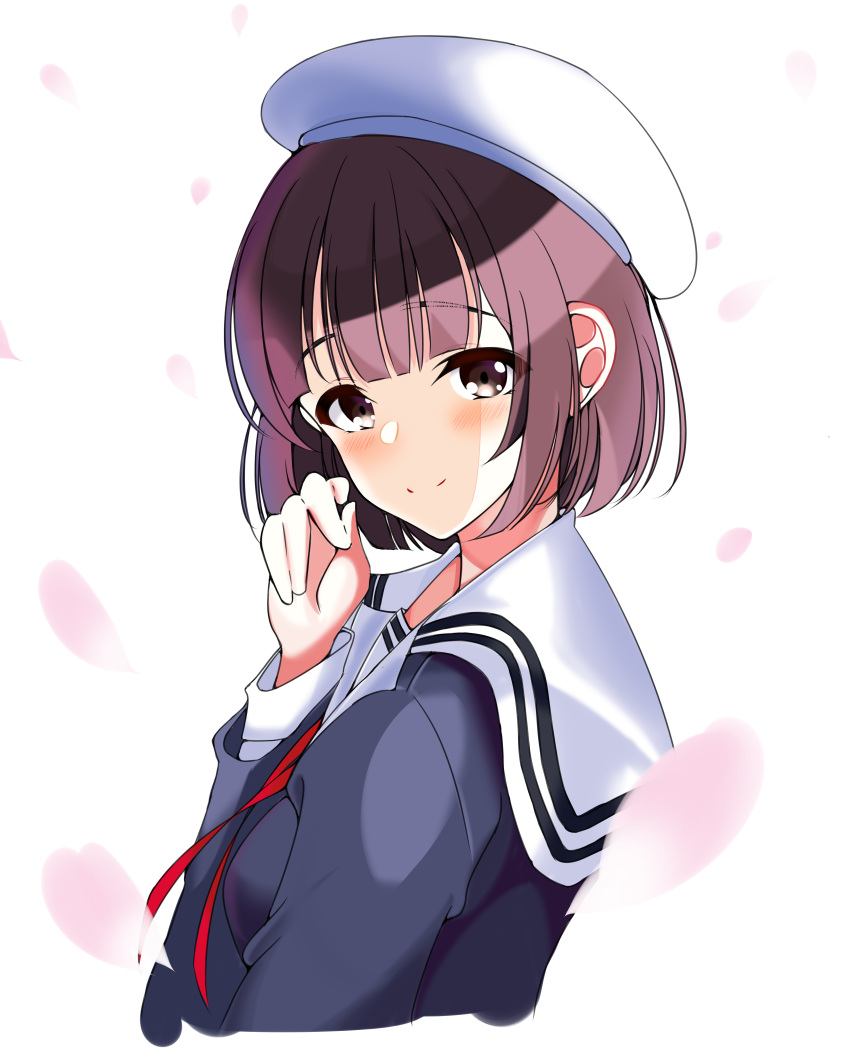 1girl a-1_pictures absurdres akawa_1115 bangs black_eyes brown_hair cherry_blossoms closed_mouth cropped_torso cute eyebrows_visible_through_hair fujimi_shobo highres kadokawa_shoten katou_megumi long_sleeves looking_at_viewer neck_ribbon red_ribbon ribbon saenai_heroine_no_sodatekata sailor_collar school_uniform short_hair simple_background smile solo square_enix tokyo_mx upper_body white_background white_sailor_collar