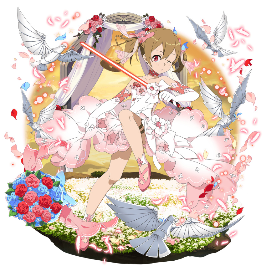 1girl beam_saber bird blue_flower blue_rose brown_hair choker closed_mouth collarbone dress elbow_gloves flower full_body gloves gradient_dress hair_between_eyes high_heels highres holding holding_sword holding_weapon layered_dress looking_at_viewer medium_hair official_art one_eye_closed pink_dress pink_feathers pink_flower pink_footwear pink_rose pumps red_eyes red_flower red_rose rose shiny shiny_hair silica sleeveless sleeveless_dress solo strapless strapless_dress sword sword_art_online transparent_background twintails two-tone_dress weapon wedding_dress white_dress white_gloves