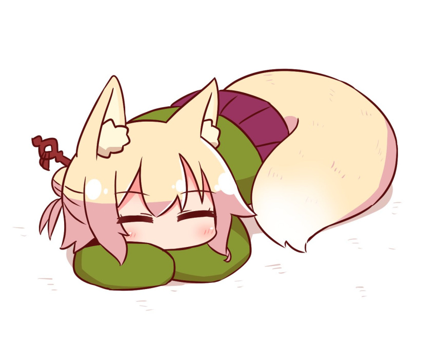 1girl animal_ear_fluff animal_ears bangs blonde_hair blush closed_eyes commentary_request eyebrows_visible_through_hair fox_ears fox_girl fox_tail green_shirt hair_bun hair_ornament kemomimi-chan_(naga_u) long_hair long_sleeves lying naga_u on_stomach original pleated_skirt purple_skirt shadow shirt sidelocks skirt sleeves_past_fingers sleeves_past_wrists solo tail white_background