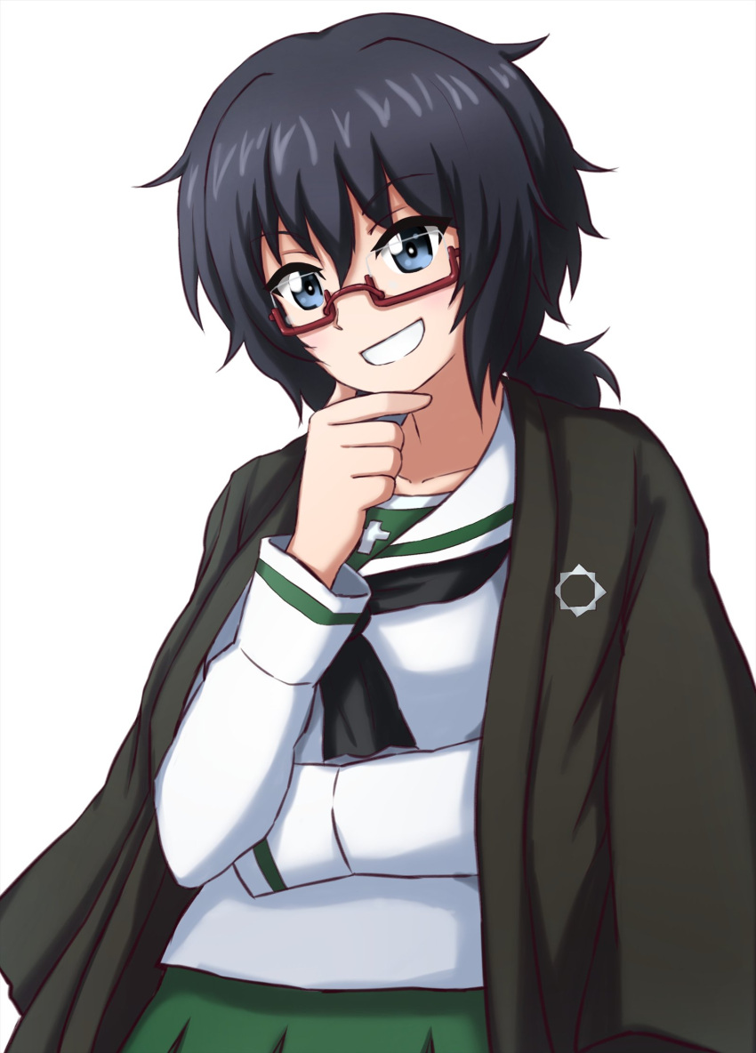 1girl arm_grab bangs black_eyes black_hair black_jacket chin_grab commentary girls_und_panzer glasses grin haori highres jacket jacket_on_shoulders japanese_clothes looking_at_viewer medium_hair messy_hair omachi_(slabco) ooarai_school_uniform oryou_(girls_und_panzer) red-framed_eyewear school_uniform semi-rimless_eyewear short_ponytail simple_background smile solo standing under-rim_eyewear upper_body white_background