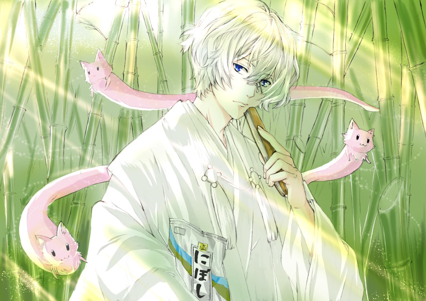 1boy ayakashi bamboo blue_eyes byakyuya_(kakuriyo_no_yadomeshi) cat day fan folding_fan glasses highres holding holding_fan japanese_clothes kakuriyo_no_yadomeshi kimono kurarinkirara178_(tomoharu) looking_at_viewer monocle outdoors pince-nez solo sunlight upper_body white_hair wide_sleeves