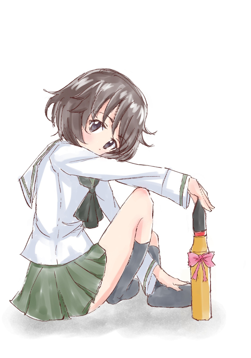 1girl absurdres akiyama_yukari bangs black_legwear black_neckwear blouse bow brown_eyes brown_hair commentary covered_mouth eyebrows_visible_through_hair from_side girls_und_panzer green_skirt hand_on_own_foot head_tilt highres holding kneehighs long_sleeves looking_at_viewer messy_hair miniskirt munisuke_(zrkt7883) neckerchief no_shoes ooarai_school_uniform pleated_skirt red_bow school_uniform serafuku shadow short_hair sitting sketch skirt socks solo tank_shell thigh-highs traditional_media white_background white_blouse