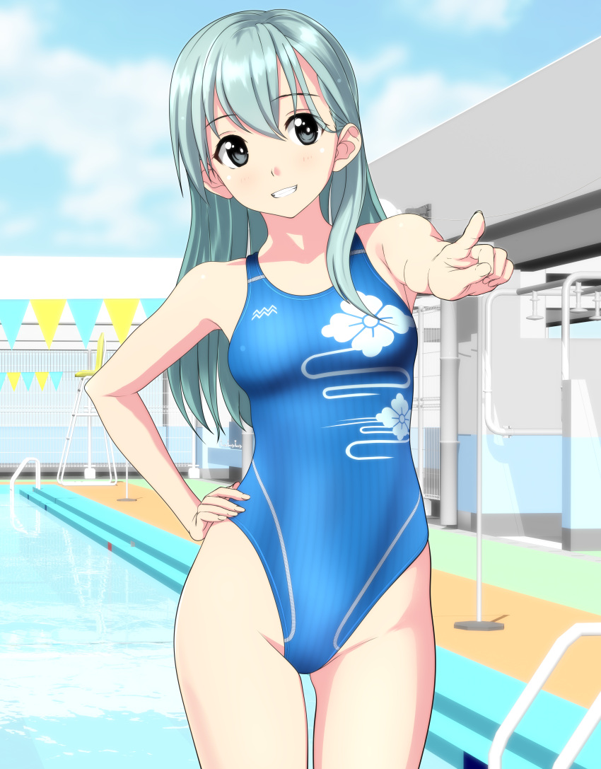 1girl absurdres aqua_hair black_eyes blue_sky blue_swimsuit clouds commentary_request competition_swimsuit contrapposto cowboy_shot day floral_print grin hair_ornament hairclip hand_on_hip highres kantai_collection long_hair one-piece_swimsuit outdoors pointing pool sky smile solo string_of_flags suzuya_(kantai_collection) swimsuit takafumi