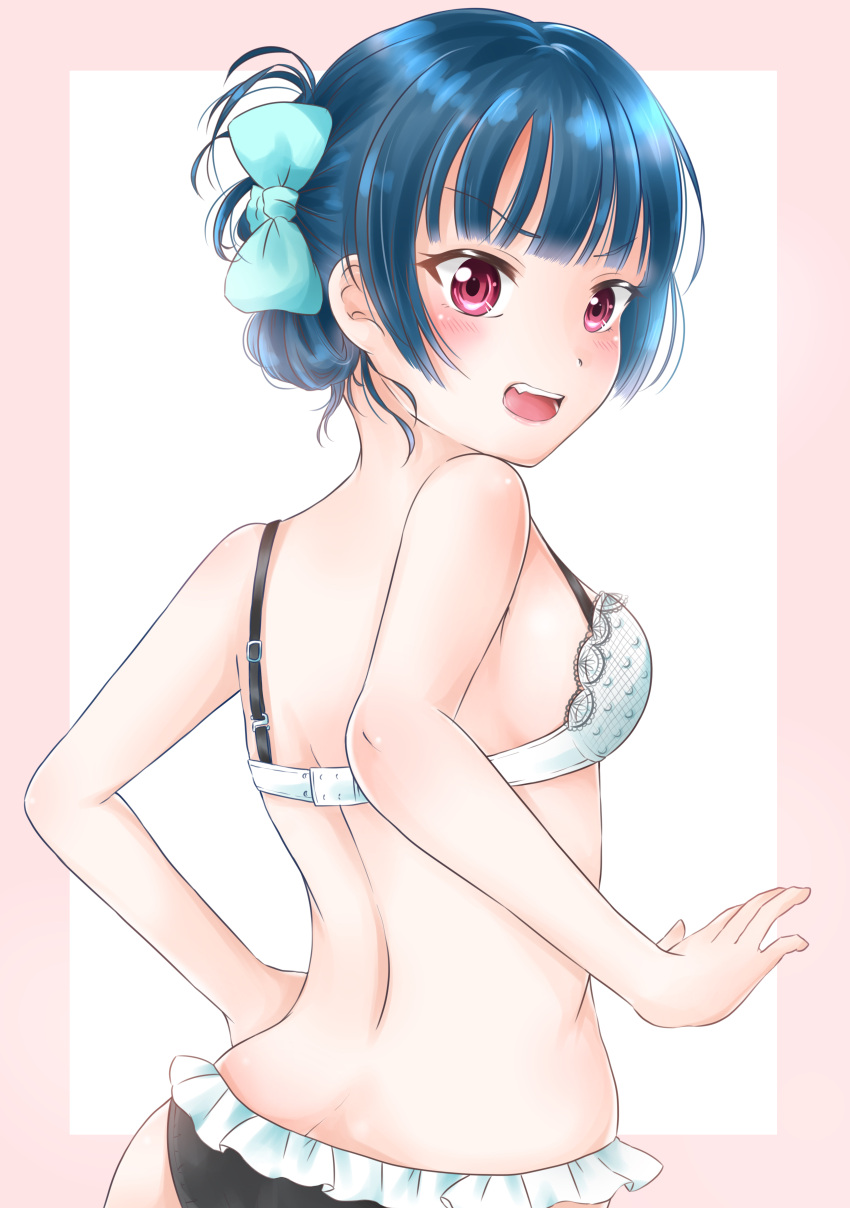 1girl :0 absurdres alternate_hairstyle ascii_media_works bangs bare_arms bare_shoulders bikini black_panties blue_bow blunt_bangs blush bow bra breasts bushiroad dark_blue_hair eyebrows_visible_through_hair fang frill_trim frilled_panties frills hair_bow highres lace lace-trimmed_bra looking_at_viewer looking_back love_live! love_live!_sunshine!! open_mouth panties red_eyes rin5325 sharp_teeth short_hair small_breasts sunrise_(studio) teeth tied_hair tsushima_yoshiko underwear underwear_only upper_body white_bra