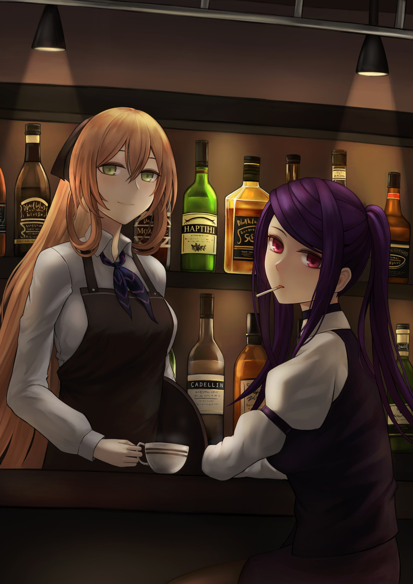 alcohol apron bar bartender bottle brown_hair cigarette crossover cup girls_frontline green_eyes highres jill_stingray lamp long_hair looking_at_viewer m1903_springfield_(girls_frontline) purple_hair red_eyes selcky tray va-11_hall-a whiskey wine wine_bottle
