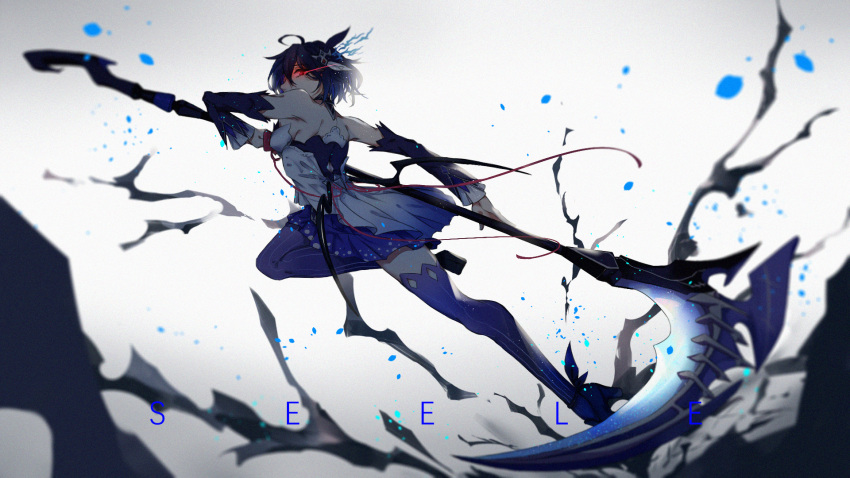 1girl benghuai_xueyuan blue_hair blue_legwear blue_ribbon breasts detached_sleeves dress glowing glowing_eye hair_ornament highres honkai_(series) honkai_impact_3rd jin_yun looking_at_viewer medium_breasts red_eyes ribbon scythe seele_vollerei short_hair sideboob simple_background solo thigh-highs weapon zettai_ryouiki