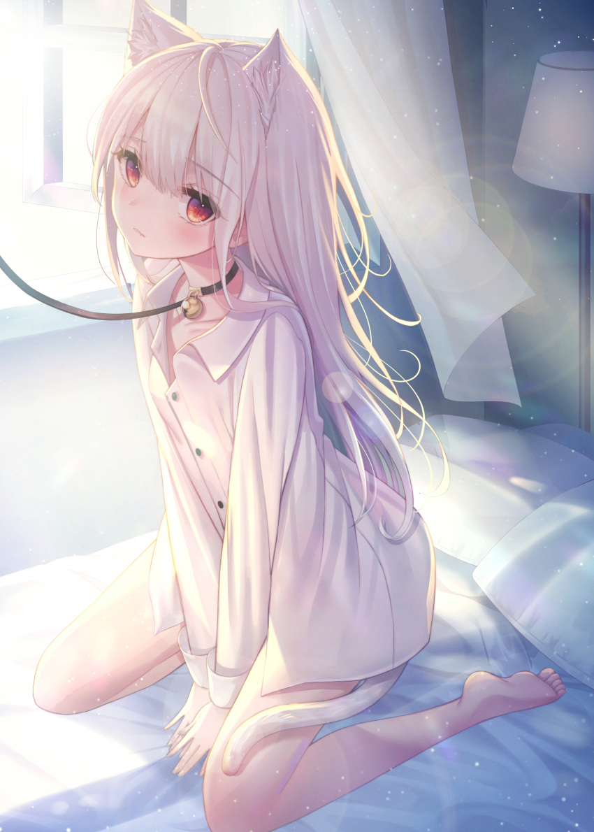 1girl absurdres animal_ear_fluff animal_ears bare_legs barefoot bell between_legs blush buttons cat_ears cat_girl closed_mouth collarbone collared_shirt commentary_request curtains dress_shirt feet highres jingle_bell kyubi lampshade leash long_hair long_sleeves looking_at_viewer on_bed original pillow red_eyes shirt sitting solo thighs wariza white_hair white_shirt