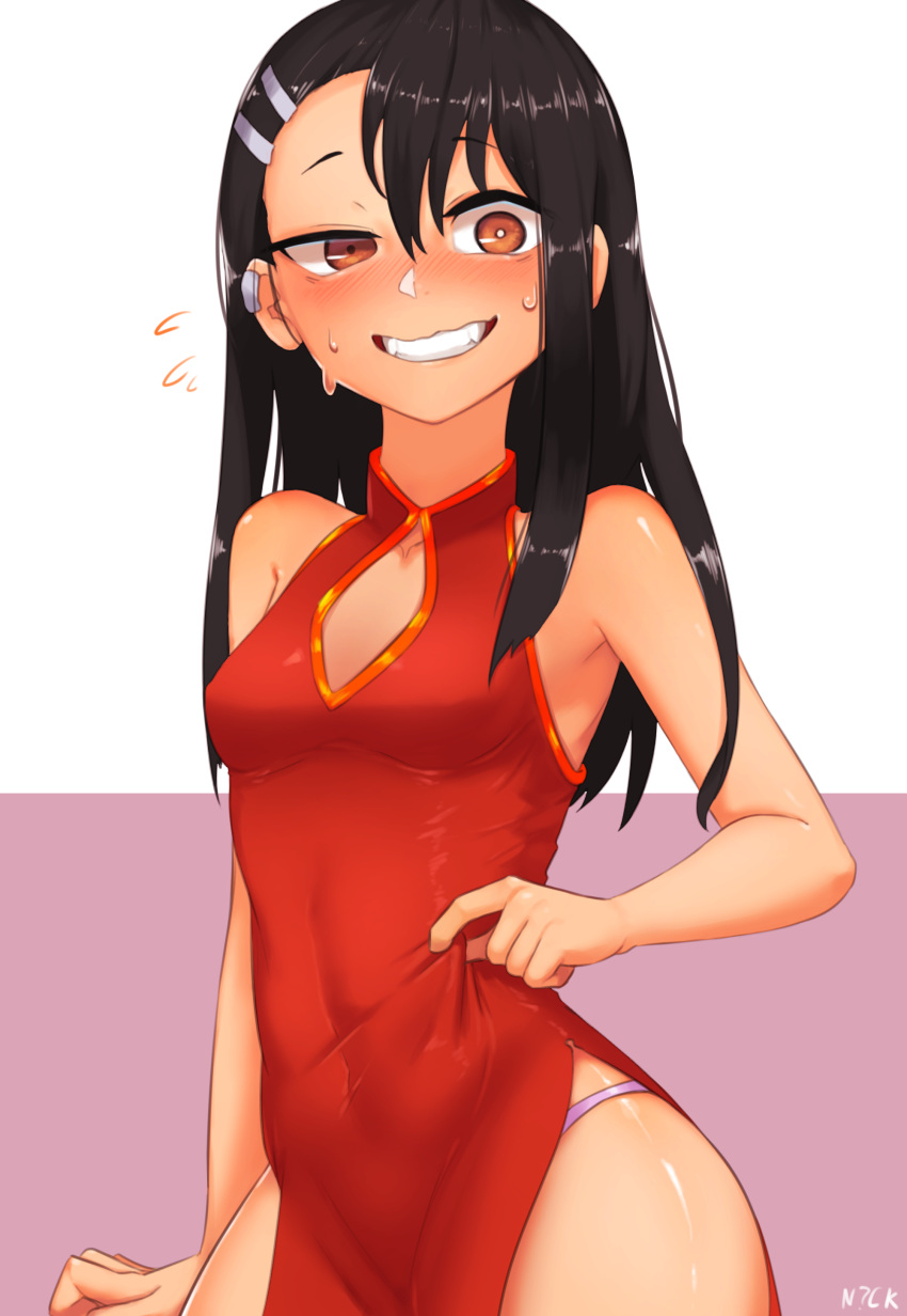 1girl absurdres bangs bare_arms bare_shoulders black_hair blush breasts brown_eyes china_dress chinese_clothes cleavage_cutout commentary dark_skin dress embarrassed english_commentary fangs grin hair_between_eyes hair_ornament hairclip highres ijiranaide_nagatoro-san long_hair looking_at_viewer nagatoro nickniceth nose_blush panties panty_peek pink_background red_dress side_slit simple_background sleeveless sleeveless_dress small_breasts smile solo sweat teeth two-tone_background underwear uneven_eyes white_background