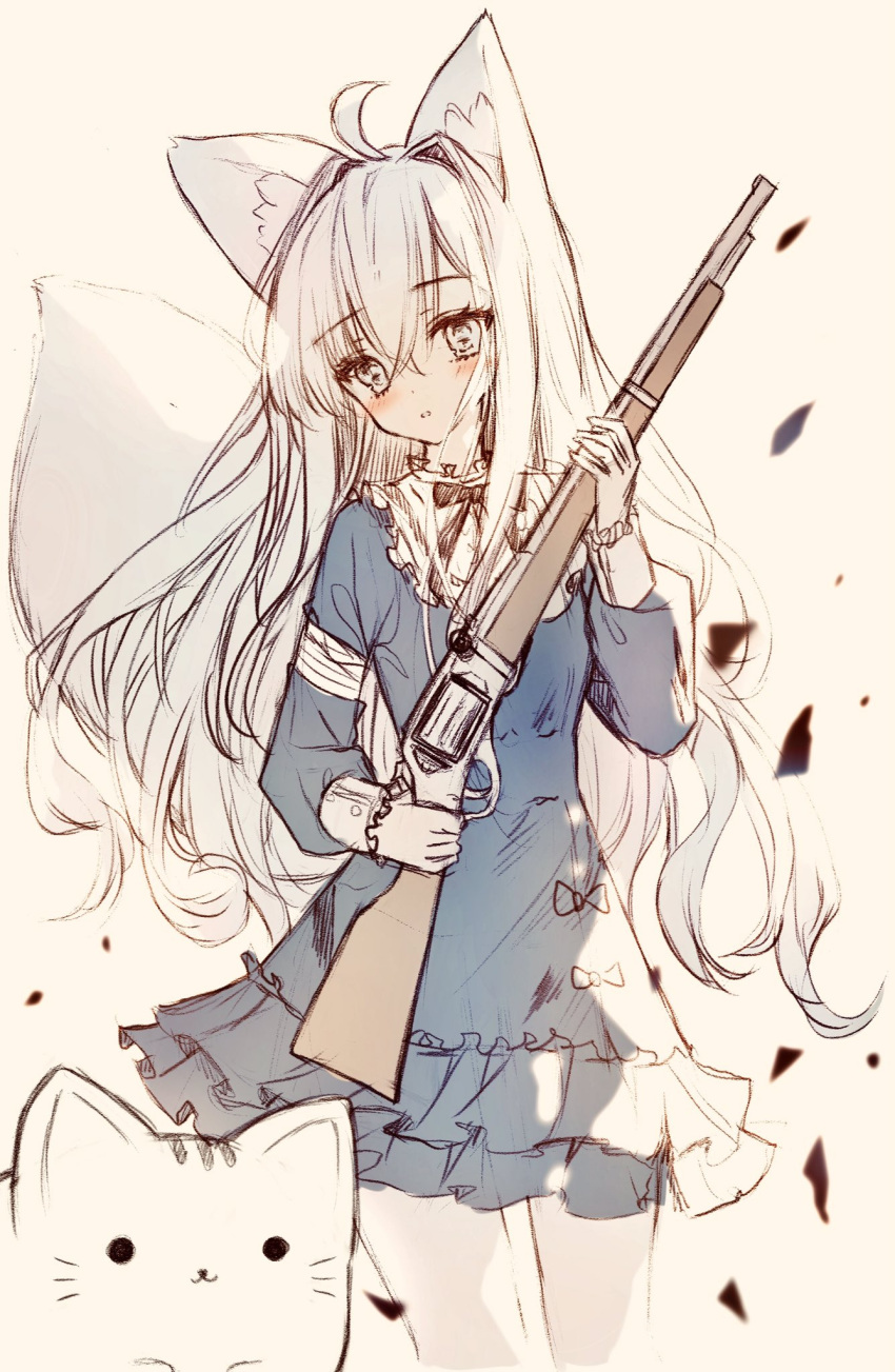 1girl ahoge animal animal_ear_fluff animal_ears bangs blue_dress blush brown_background cat commentary_request dress eyebrows_visible_through_hair fox_ears fox_girl fox_tail gun hair_between_eyes hair_intakes highres holding holding_gun holding_weapon long_hair long_sleeves looking_away looking_to_the_side original parted_lips ping_myu_ring_(tandohark) rifle simple_background solo tail tandohark very_long_hair weapon weapon_request