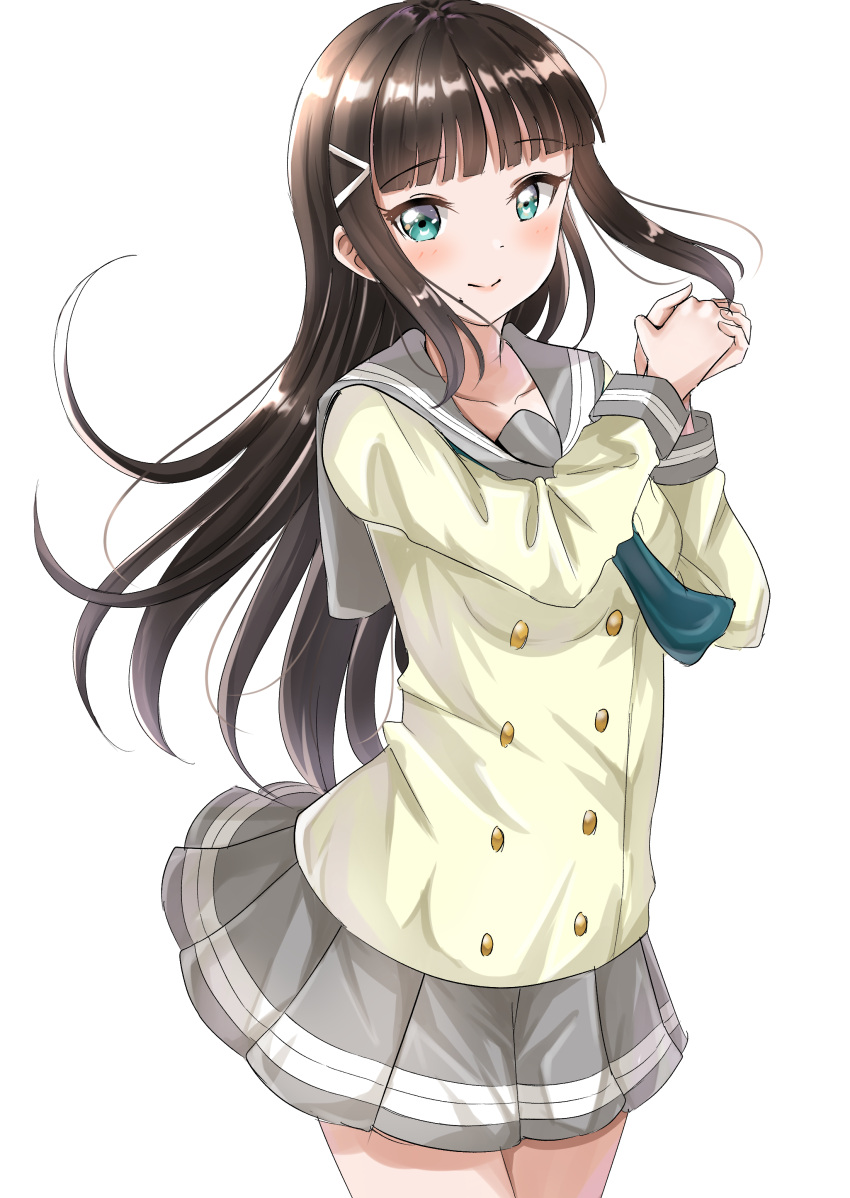 1girl absurdres aqua_neckwear bangs blue_eyes blunt_bangs blush brown_hair closed_mouth cowboy_shot eyebrows_visible_through_hair grey_sailor_collar grey_skirt hands_together highres kurosawa_dia long_hair long_sleeves looking_at_viewer love_live! love_live!_sunshine!! miniskirt mole mole_under_mouth pleated_skirt sailor_collar school_uniform shiny shiny_hair simple_background sin_(sin52y) skirt smile solo standing straight_hair very_long_hair white_background