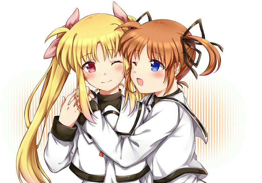 2girls black_ribbon blonde_hair blue_eyes blush brown_hair couple eye_contact fate_testarossa hair_ornament hair_ribbon happy hug long_hair looking_at_another lyrical_nanoha mahou_shoujo_lyrical_nanoha mahou_shoujo_lyrical_nanoha_a's mikasa-01 multiple_girls neck_ribbon one_eye_closed open_mouth pink_ribbon red_eyes red_ribbon ribbon school_uniform short_hair short_twintails simple_background smile takamachi_nanoha tongue twintails two-tone_background uniform yuri