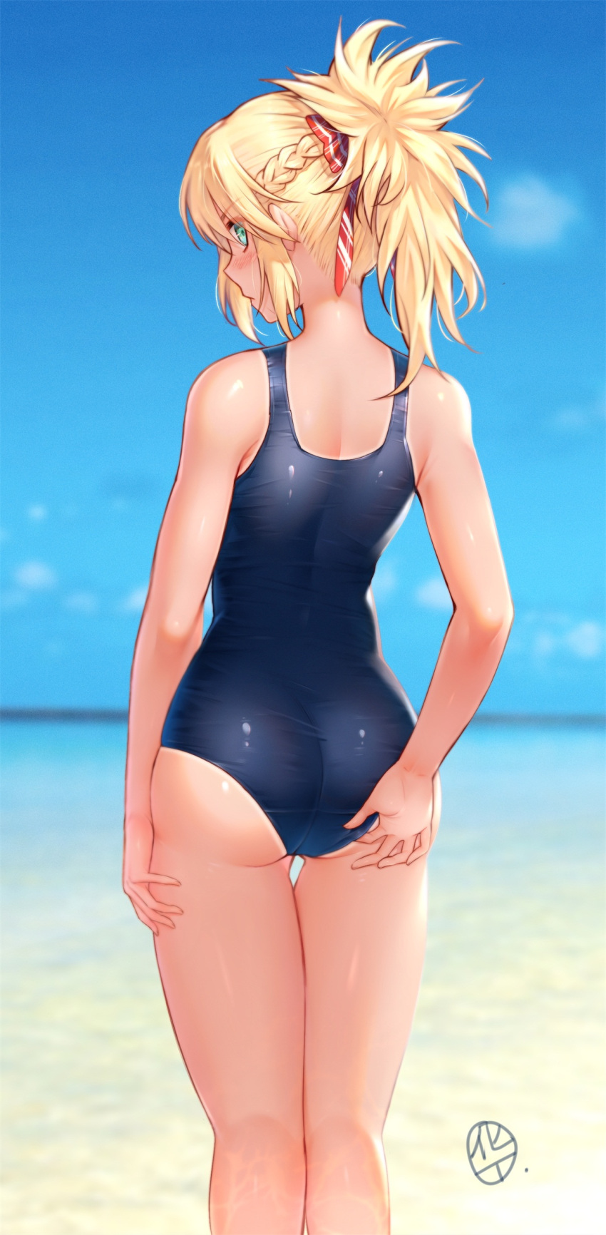 1girl absurdres adjusting_clothes adjusting_swimsuit aqua_eyes ass bare_arms bare_shoulders blonde_hair blue_sky blue_swimsuit choukoukou_no_diaosi commentary_request day fate/grand_order fate_(series) fingernails highres long_hair looking_at_viewer looking_back mordred_(fate) mordred_(fate)_(all) ocean one-piece_swimsuit outdoors ponytail school_swimsuit shiny shiny_clothes shiny_skin signature sky solo swimsuit tan tanline thighs tied_hair water