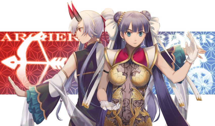 2girls blue_eyes breasts breasts_apart china_dress chinese_clothes detached_sleeves double_bun dress earrings eyebrows_visible_through_hair fate/grand_order fate_(series) fighting_stance frilled_sleeves frills gloves hair_between_eyes hair_ribbon heroic_spirit_traveling_outfit highres jewelry kichannico long_hair medium_breasts multiple_girls oni_horns ponytail purple_hair red_eyes red_horns red_ribbon ribbon saint_martha sidelocks silver_hair sleeveless sleeveless_dress tomoe_gozen_(fate/grand_order) twintails upper_body very_long_hair white_gloves white_ribbon white_sleeves wide_sleeves