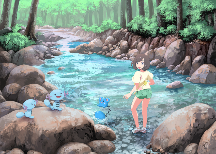 1girl azurill bangs barefoot brown_hair forest full_body gen_2_pokemon gen_3_pokemon green_shorts mizuki_(pokemon) mk_(mikka) nature outdoors pokemon pokemon_(game) pokemon_sm print_shirt river shiny shiny_hair shirt short_hair short_shorts short_sleeves shorts soaking_feet swept_bangs wooper yellow_shirt