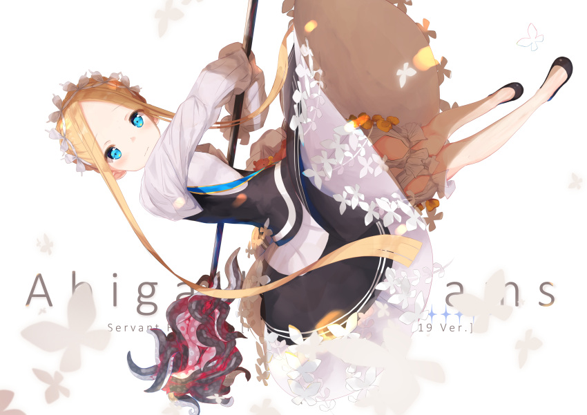1girl abigail_williams_(fate/grand_order) bangs black_dress black_footwear blonde_hair bloomers blue_eyes blush bow braid butterfly_hair_ornament character_name closed_mouth dress eyebrows_visible_through_hair fate/grand_order fate_(series) force_(fossan_01) forehead full_body glowing hair_ornament highres holding long_hair long_sleeves looking_at_viewer orange_bow parted_bangs shirt shoes sidelocks simple_background sleeveless sleeveless_dress sleeves_past_fingers sleeves_past_wrists solo stuffed_animal stuffed_toy teddy_bear tentacles underwear very_long_hair wavy_mouth white_background white_bloomers white_shirt