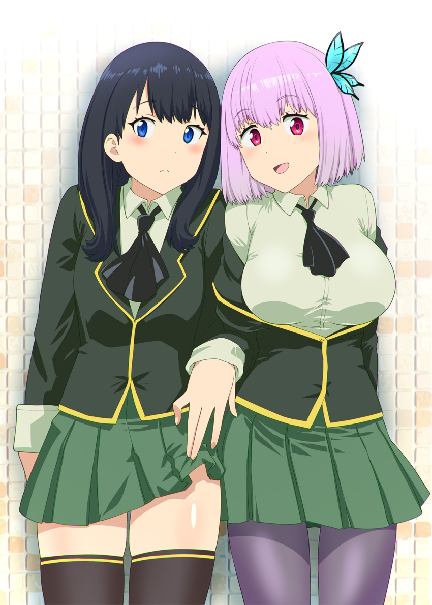 2girls ascot bangs black_hair black_legwear black_neckwear blazer blue_eyes boku_wa_tomodachi_ga_sukunai breasts butterfly_hair_ornament collared_shirt cosplay eyebrows_visible_through_hair green_skirt hair_ornament highres jacket kashiwazaki_sena kashiwazaki_sena_(cosplay) large_breasts lavender_hair long_hair long_sleeves looking_at_viewer mikazuki_yozora mikazuki_yozora_(cosplay) multiple_girls open_mouth pantyhose pleated_skirt school_uniform shinjou_akane shirt skindentation skirt smile ssss.gridman st._chronica_academy_uniform takarada_rikka thigh-highs ueyama_michirou violet_eyes white_shirt