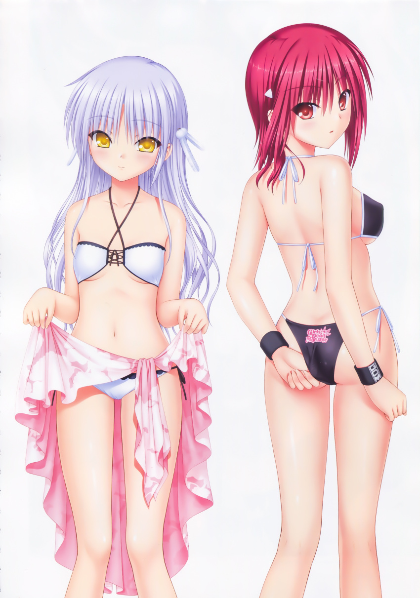2girls absurdres adjusting_clothes adjusting_swimsuit angel_beats! ass bikini black_bikini breasts closed_mouth collarbone covered_nipples criss-cross_halter eyebrows_visible_through_hair halterneck highres iwasawa long_hair looking_at_viewer medium_breasts medium_hair multiple_girls na-ga navel red_eyes redhead sarong shiny shiny_hair sideboob silver_hair simple_background small_breasts smile standing swimsuit under_boob white_background white_bikini wristband yellow_eyes